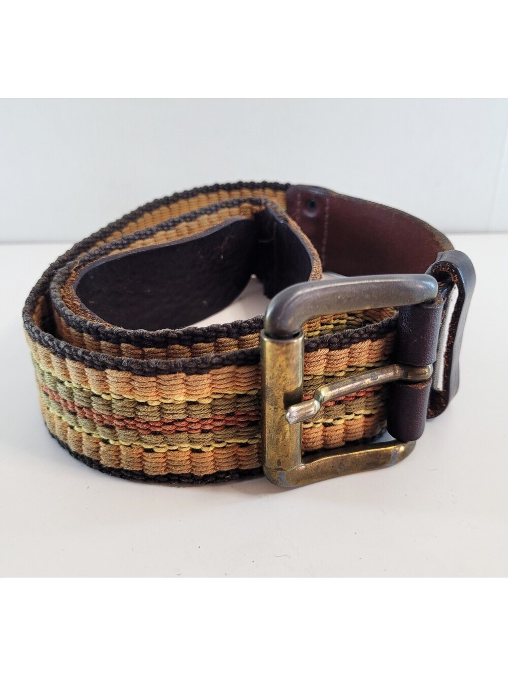 Unbranded Men’s 33-34 Brown Woven Belt Leather Trim Brass Tone Buckle